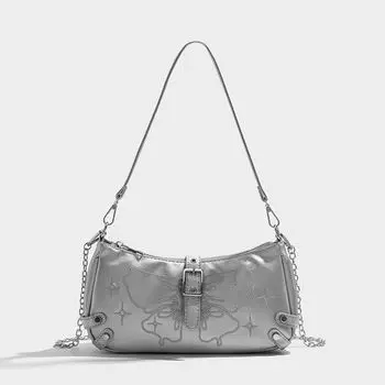 Расширенная подмышечная сумка Новые сумки через плечо Маленькая квадратная сумка Женская молния Серебряный бант Вышитые модные тенденции досуга Ручные сумки