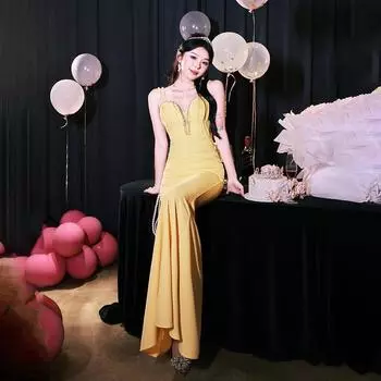 Расширенный банкетный темперамент легкий роскошный нишевый хозяин королевский темперамент сестры сексуальный талия бедра рыбий хвост вечернее платье S жёлтый