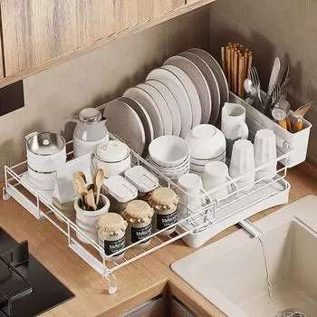 Расширяемая сушилка для посуды с дренажной доской, устойчивая к ржавчине, большая вместимость, простая в установке кухонная стойка, сушилка для посуды, полка для хранения чёрный