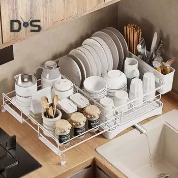 Расширяемая сушилка для посуды с дренажной доской, устойчивая к ржавчине, большая вместимость, простая в установке кухонная стойка, сушилка для посуды, полка для хранения чёрный