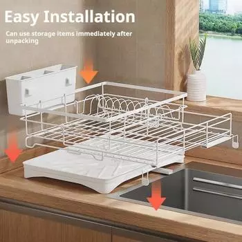 Расширяемая сушилка для посуды с дренажным бортом, устойчивая к ржавчине, большая вместимость, простая установка чёрный
