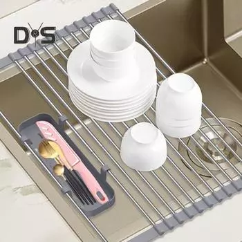 Расширяемая сушилка для посуды с корзинами для хранения, несущая 18 кг, нержавеющая, регулируемая сушилка для посуды серый