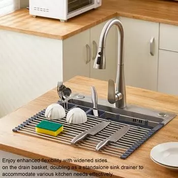 Расширяемая сушилка для посуды, сворачивающаяся, прочная, несущая, нержавеющая, регулируемая по длине сушилка для посуды для раковины синий