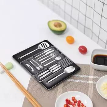 Расширяемый лоток для посуды со съемным режущим блоком. Эффективный органайзер для кухонного ящика для столовых приборов и инструментов. чёрный