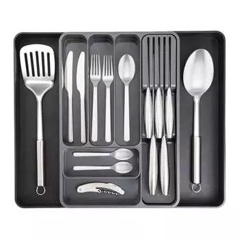 Расширяемый лоток для посуды со съемным режущим блоком. Эффективный органайзер для кухонного ящика для столовых приборов и инструментов. чёрный