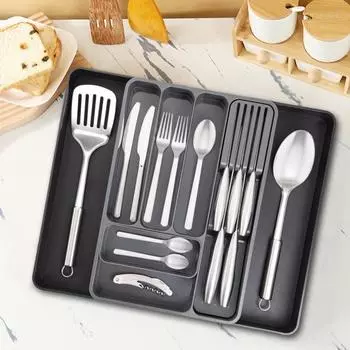 Расширяемый лоток для посуды со съемным режущим блоком. Эффективный органайзер для кухонного ящика для столовых приборов и инструментов. чёрный