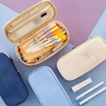 Расширяемый пенал с двойной молнией, холст, удобная сенсорная сумка для хранения карандашей для канцелярских принадлежностей легкие хаки