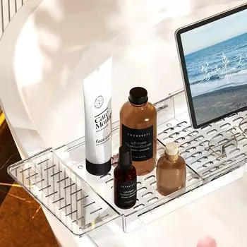 Расширяемый поддон для ванны Поддон для ванны Полка для хранения вещей в ванной Полотенце Для душа Полка для телефона серый