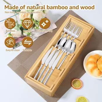 Расширяемый ящик-лоток Органайзер для столовых приборов Кухонная утварь Столовые приборы Столовые приборы Ложки Ножи Бамбуковый поднос для хранения