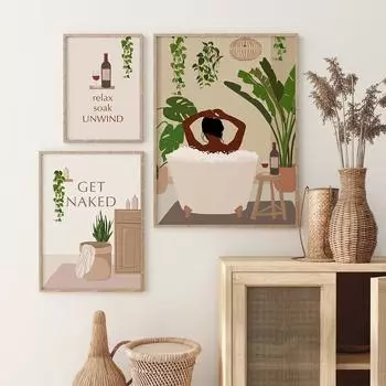 Расслабьтесь, отмокните, расслабьтесь, принты на холсте и плакат «Обнажитесь», черная женщина, бохо, африканская девушка, художественная роспись, настенные панно для декора ванной комнаты 21*30cm