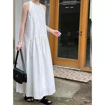 Расслабляющее и ленивое платье без рукавов с бретелью через шею Летнее темпераментное платье с открытыми плечами и подтяжками M чёрный