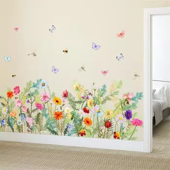 Растение Цветок Бабочка Стикер Стены Гостиная Спальня Украшения Комнаты Стикер Стены Самоклеящаяся Стикер Стены Free Size разноцветный