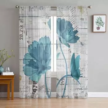 Растение, цветок розы, ретро, старая газета, прозрачные оконные шторы для гостиной, кухни, детской спальни, вуаль, подвесная занавеска 135W x 114H(cm)