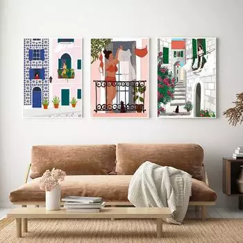 Растение Девушка Иллюстрация Холст Картина Настенное Искусство Архитектура Кошка Женщина Плакаты Путешествия Принт Фотографии для Гостиной Домашний Декор 21*30cm