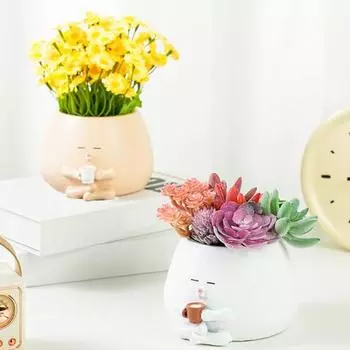 Растение для лица из смолы, мультяшный пьющий кофе, цветочный горшок, сидящая фигурка, суккулентное кашпо с дренажным отверстием для комнатных и уличных растений в горшках хаки