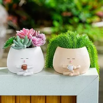 Растение для лица из смолы, мультяшный пьющий кофе, цветочный горшок, сидящая фигурка, суккулентное кашпо с дренажным отверстием для комнатных и уличных растений в горшках хаки
