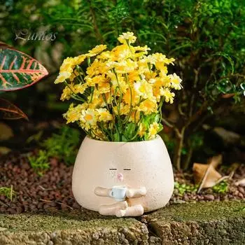 Растение для лица из смолы, мультяшный пьющий кофе, цветочный горшок, сидящая фигурка, суккулентное кашпо с дренажным отверстием для комнатных и уличных растений в горшках хаки
