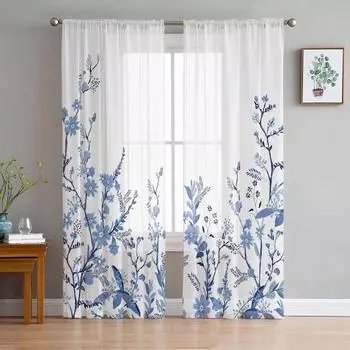 Растения Цветы Акварельные Тюлевые Шторы Для Гостиной Прозрачные Шторы Для Спальни Кухонные Жалюзи Вуаль Шторы 135W x 114H(cm)