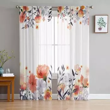 Растения и цветы, ручная роспись, акварель, оранжевый, прозрачная оконная занавеска, тюлевые шторы для гостиной, домашний декор, вуаль, шторы 135W x 114H(cm)