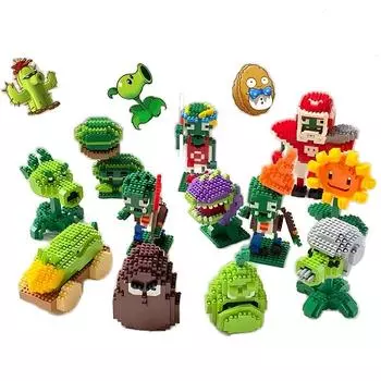 Растения против. Мини-строительные блоки на тему зомби, мультяшные аниме-фигурки, изображение головоломки для мальчиков, сборка игрушек, кирпичи, украшение для рабочего стола With Box