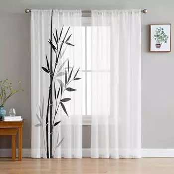Растительные черно-белые бамбуковые прозрачные тюлевые занавески в китайском стиле для гостиной, спальни, современная вуаль, занавески из органзы, шторы W135 x H115cm x1