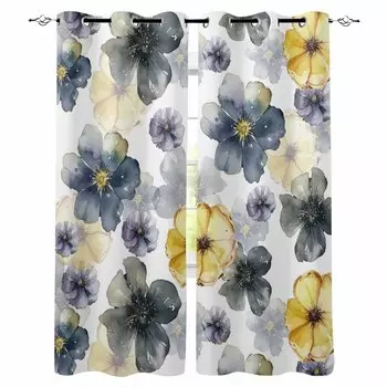 Растительные лимонно-желтые, синие, фиолетовые, цветочные, акварельные, затемняющие шторы для гостиной, спальни, оконные шторы, занавески W135 x H60cm