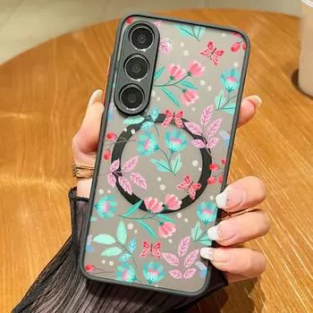 Растительный цветочный принт для тонкого чехла MagSafe для Samsung S24 FE S23 Ultra S22 A55 A54 A34 A35 A14 противоударный мягкий матовый прозрачный магнитный чехол Samsung S24 чёрный