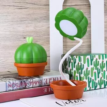 Растительный ночник, милый мини-кактус, светодиодный светильник с сенсорным затемнением, настольная лампа, атмосферный светильник, регулируемая шея, мультяшный кактус, светодиодный стол