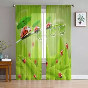 Растительный зеленый зонтик с изображением божьей коровки, прозрачные оконные шторы для гостиной, спальни, современная вуаль, занавески из органзы, шторы W135 x H115cm x1