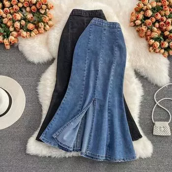 Растягивающаяся юбка-бюстье с открытыми вилками Fishtail Package Hip, летняя узкая юбка-трапеция с оборками, длинная юбка, женская, удобная, модная, джинсовая юбка-бюстье S синий