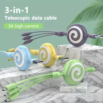Растягивающийся кабель для передачи данных «три в одном» Candy, для Android Type-c Растягивающийся кабель для передачи данных «три в одном» для Apple жёлтый