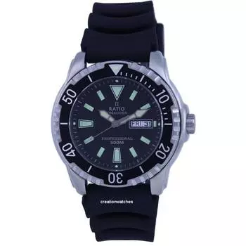 Ratio FreeDiver Black Dial PU Strap Quartz 48HA90-12-BLK 500m Мужские часы чёрный