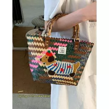 Rattan Bamboo Joint Bag for Women 2025 New Arrival Tide Retro Satchel Shopping Basket Bag Sausage Dog Tote Bag Straw Bag Image color