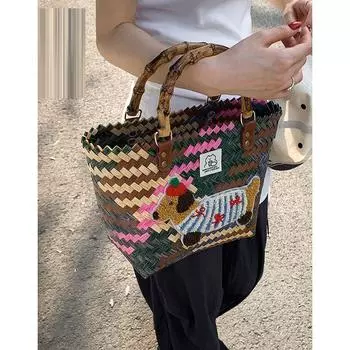 Rattan Bamboo Joint Bag Women 2025 New Trendy Retro Portable Vegetable Basket Bag Sausage Dog Tote Bag Straw Bag Green