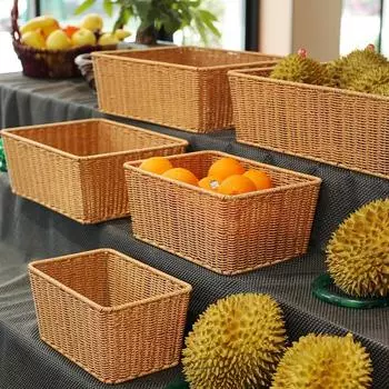 Rattan Fruit Bowl Bread Snacks Storage Tray Rattan Weaving Storage Basket Desktop Cosmetic Sundries Organizer Plate Serving Tray