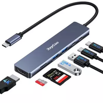 RayCue 7 в 1 USB C-концентратор USB C на HDMI GEN1 и высокоскоростная передача данных 5 Гбит/с Данные 4K HDMI 100 Вт PD Fast SD-карта совместима с iPhone Splitter, 2USB серый