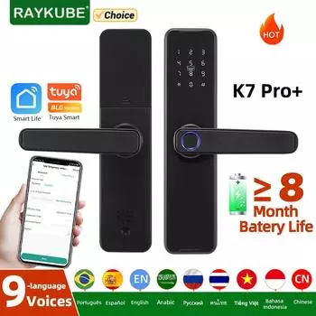 RAYKUBE Биометрический дверной замок с отпечатком пальца K7 Pro + Черный умный замок Приложение Tuya Дистанционная разблокировка Замок без ключа Электронный дверной замок Black