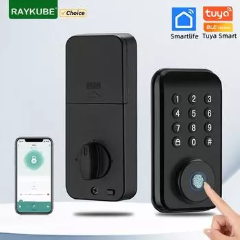 RAYKUBE DS02 Tuya Smart Fingerprint Deadbolt Lock с защелкой/датчиком двери, автоматическим ключом/паролем/разблокировкой приложения Tuya Smartlife