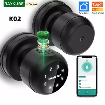 RAYKUBE K02 Круглая ручка отпечатков пальцев Умный замок Tuya Bluetooth Биометрический с механическим ключом/паролем/разблокировкой приложения Простая замена чёрный