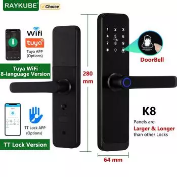 RAYKUBE K8 Умный дверной замок TTlock Bluetooth / Tuya Wifi Пароль по отпечатку пальца 13,56 МГц IC-карта Keyless Smartlife Home TT Lock Version