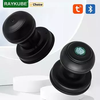 RAYKUBE Круглая ручка отпечатков пальцев Умный замок Tuya Bluetooth Биометрическая простая замена с механическим ключом для Северной Америки Главная чёрный