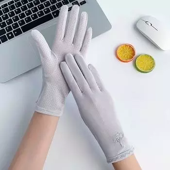 Rayon Women s Summer Thin Full Finger Sun Protection Gloves Ice Silk small tree Gray One size