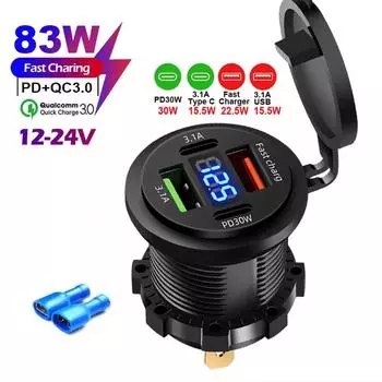 Разъем автомобильного зарядного устройства 83 Вт PD30 Вт быстрая зарядка двойной USB+Type C выход адаптер питания для телефона с вольтметром для мотоцикла грузовика лодки