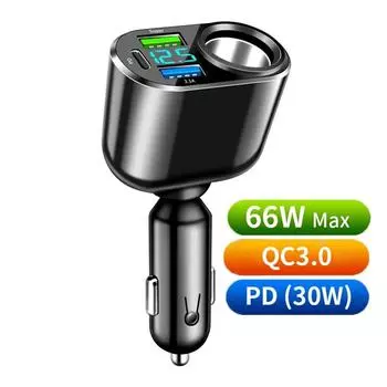 Разъем для автомобильного зарядного устройства 66 Вт PD QC3.0, разветвитель для быстрого зарядного устройства, два порта USB для зарядного устройства типа C со светодиодным дисплеем, адаптер питания