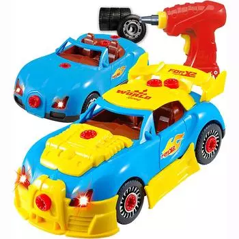 Разберите игрушечный автомобиль для мальчиков и девочек 3, 4, 5 лет – забавная игрушка с рабочей дрелью – Соберите свой собственный автомобильный комплект Игрушка STEM – реалистичные звуки и свет двигателя 20x10x6cm жёлтый/синий