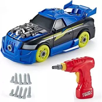 Разберите игрушечный автомобиль-родстер, набор из 27 предметов - DIY Building Car STEM, игрушки для малышей для мальчиков и девочек с рабочей дрелью и реальными звуками двигателя 22x11x9cm синий