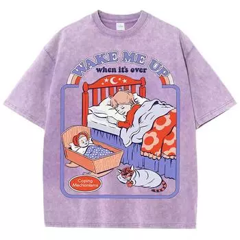 Разбуди меня Узор Стиранные Мужские Футболки Удобная Дышащая Футболка Унисекс Хлопковая Одежда Повседневный Оверсайз Топ S