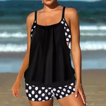 Раздельный большой размер с принтом в горошек плоский угловой купальник женский танкини S чёрный