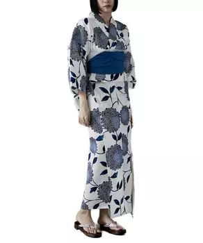 Раздельный хлопковый юката с помятым поясом Heiko Obi Set Yukata Set Yukata Wobbling Ivy and Chrysanthemum Navy Blue F [asaka] + 2-х частей женский двухсекционный C