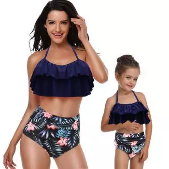 Раздельный купальник бикини с высокой талией, с оборками по краям, купальник для матери и дочери. Child 104 розовый